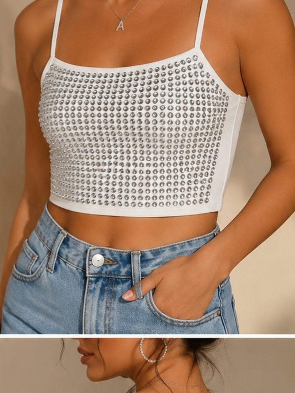 White Studded Spaghetti-Strap Crop Top